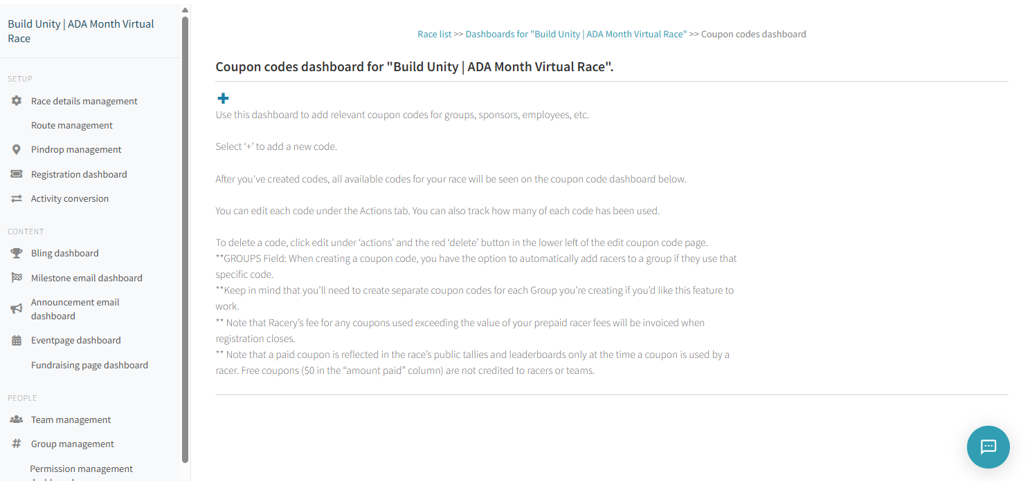 Coupon codes dashboard showing instructions and sidebar navigation